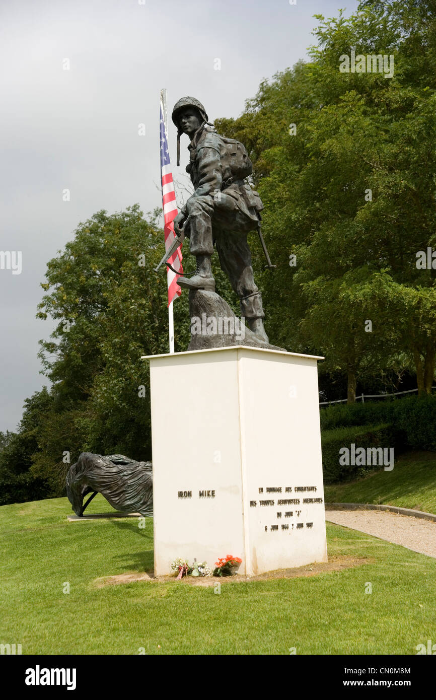 Iron Mike the U.S. Parachutist Monument at a Fiere near Sainte Mere Eglise, Normandy remembering the invasion June 1944 on D Day Stock Photo