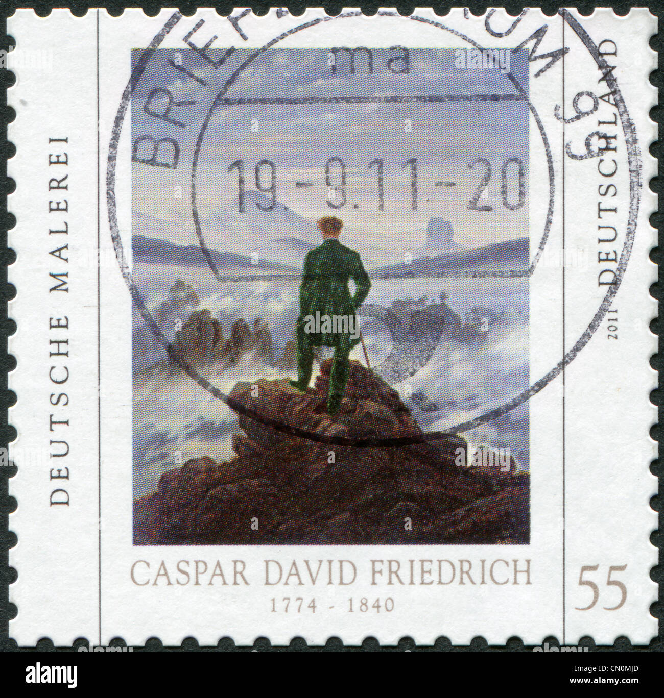 A stamp printed in Germany, is devoted to Caspar David Friedrich, shows a picture of Wanderer above the Sea of Fog, circa 2011 Stock Photo