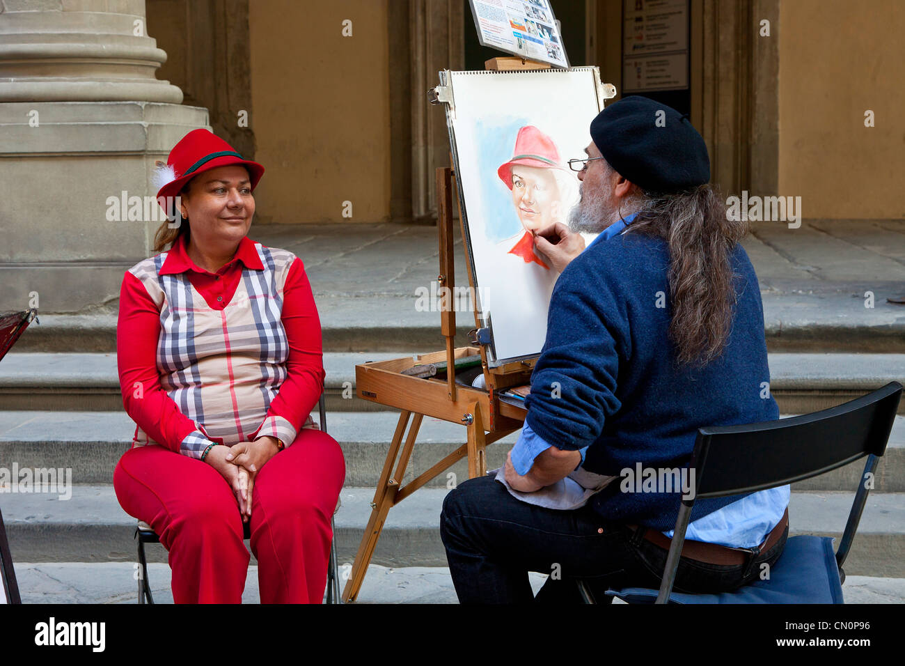 Europe, Italy, Florence, Street artist Painter at Uffizi Piazzale Stock Photo