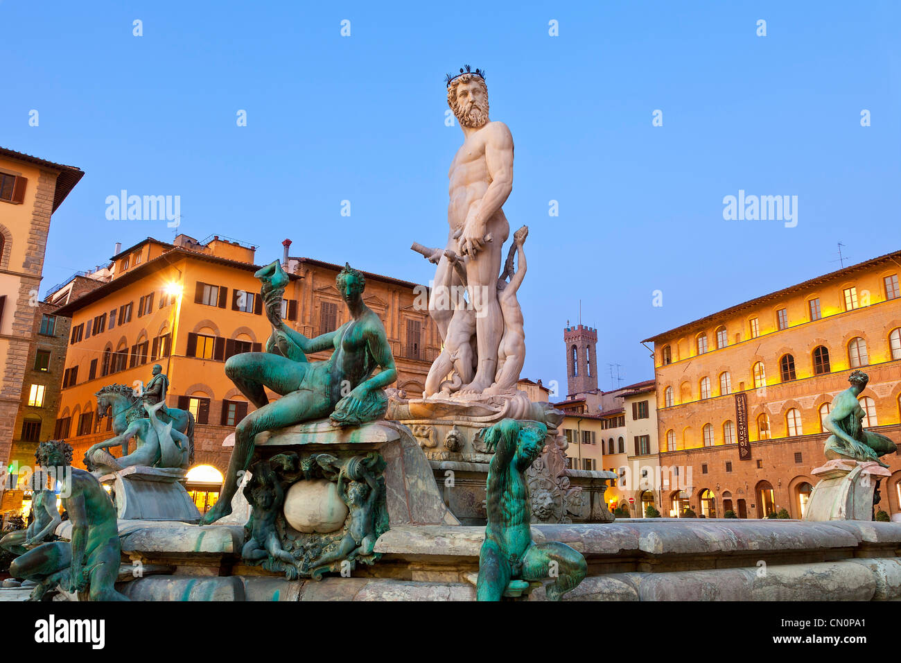 Italy, Florence, Neptune fountain in Piazza della Signoria at Dusk Stock Photo
