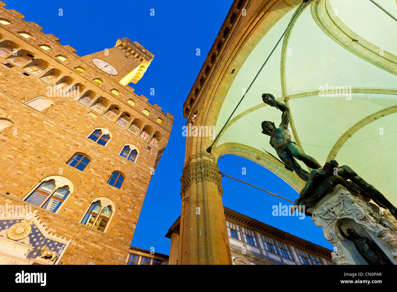 Italy, Florence, Piazza della Signoria, Loggia dei Lanzi at Dusk Stock Photo