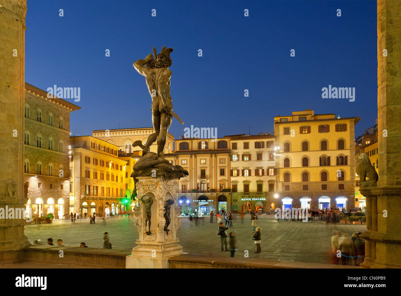Italy, Florence, Piazza della Signoria, Loggia dei Lanzi at Dusk Stock Photo