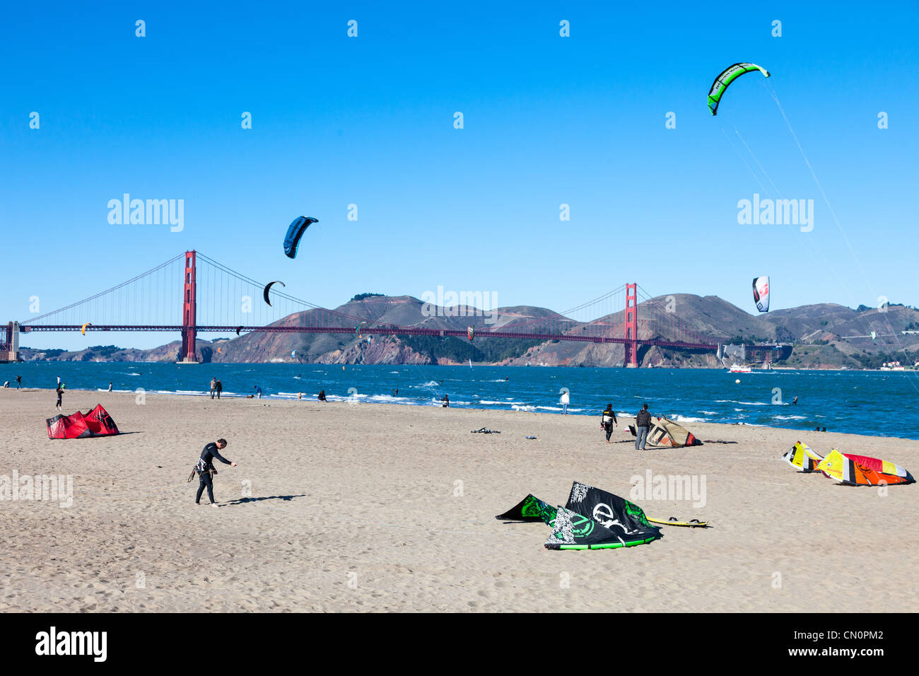 Kite Surfing and Golden Gate Bridge from Crissy Field San Francisco