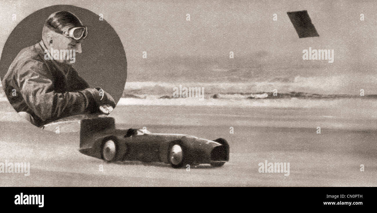 Sir Malcolm Campbell, inset, and his racing car Bluebird in 1931 Stock