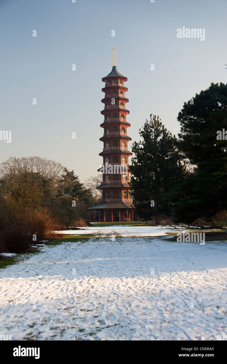 Great Pagoda at Kew Gardens in snow West London England UK Stock Photo