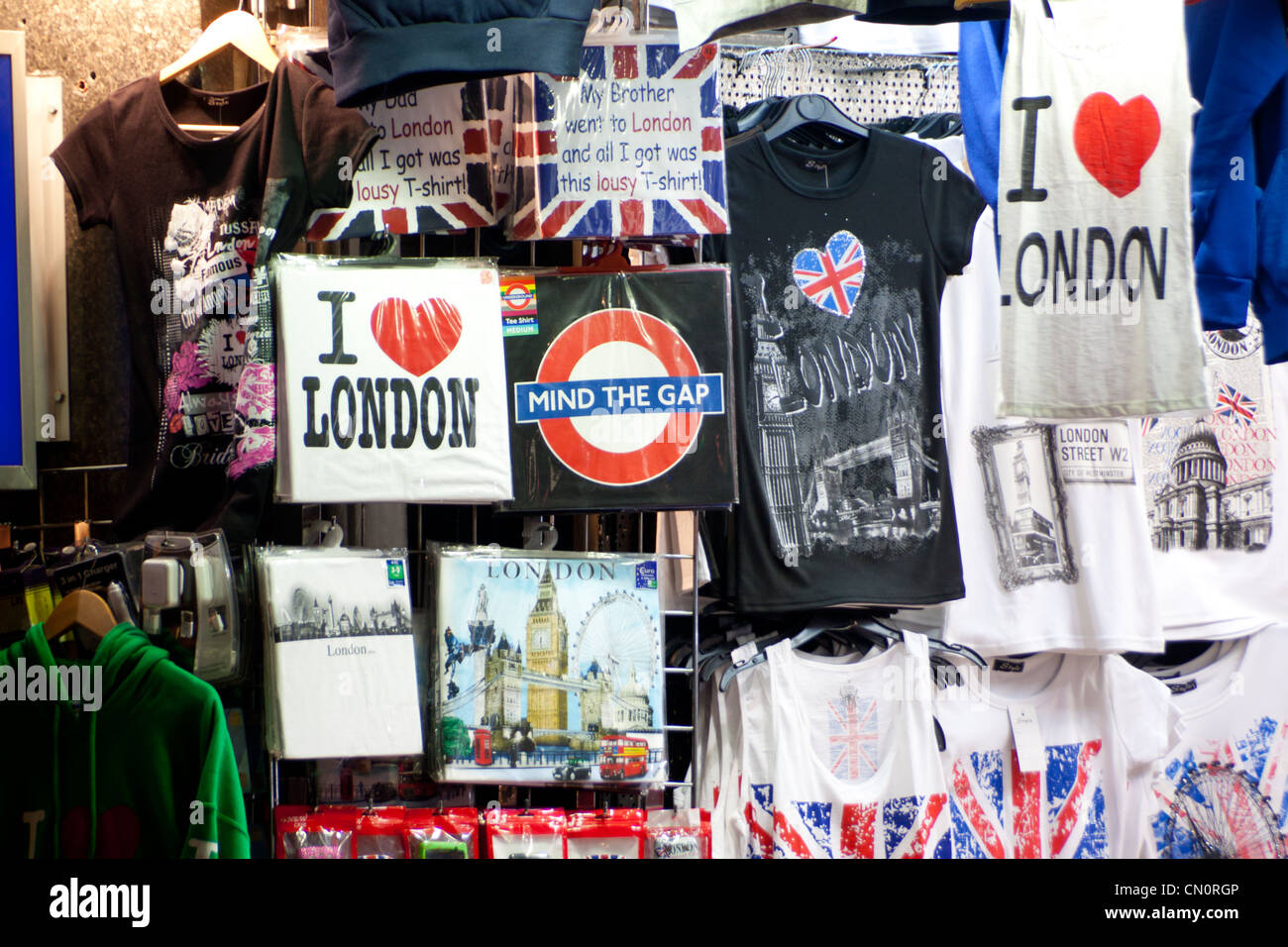 London souvenirs in shop on Shaftesbury Avenue (t-shirts, clothing ...