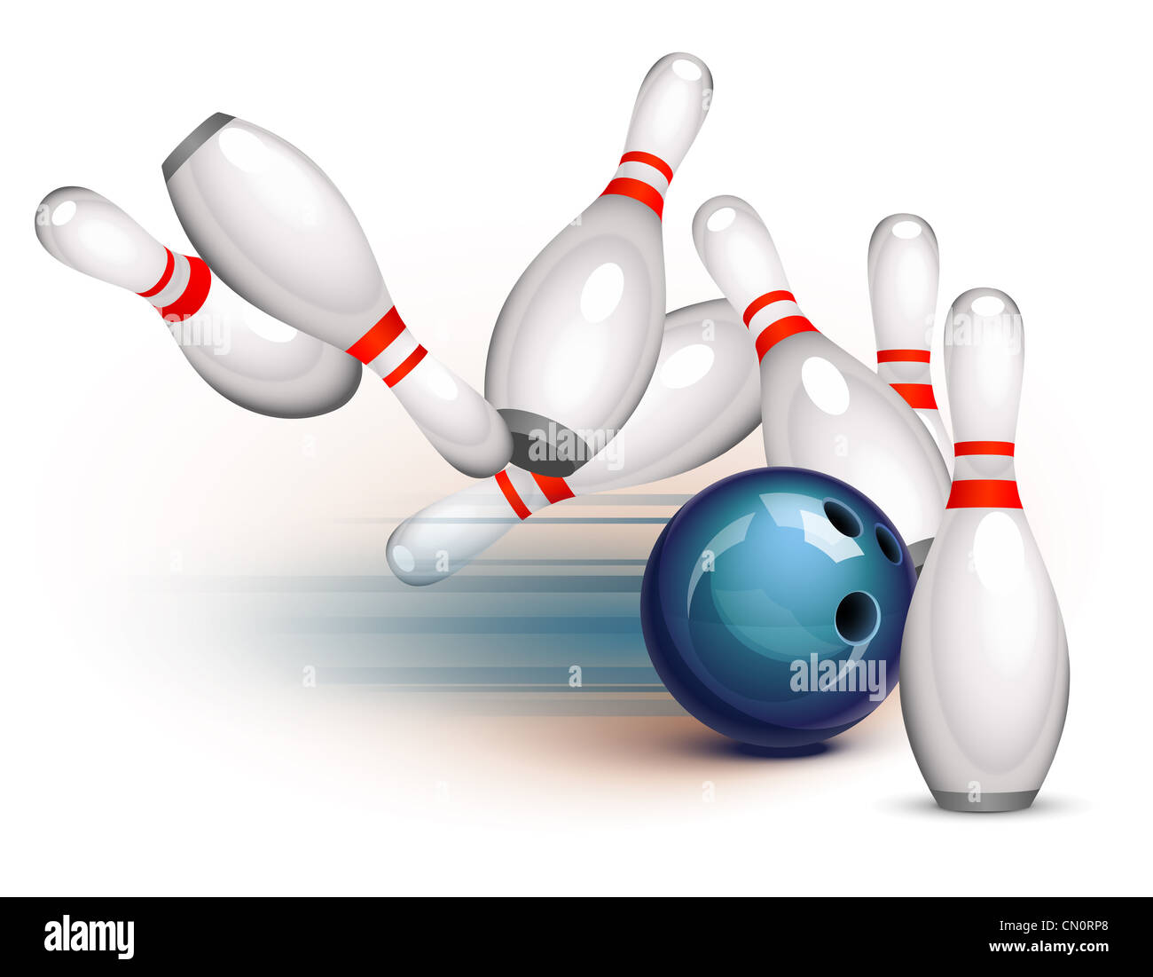 Bowling ball crashing into the pins Stock Photo Alamy