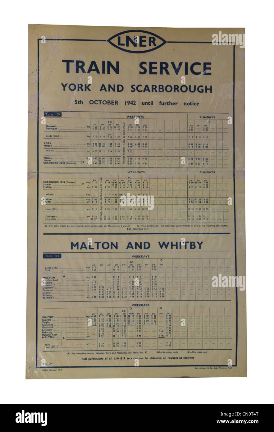 LNER Train Service timetable from 1942 Stock Photo Alamy