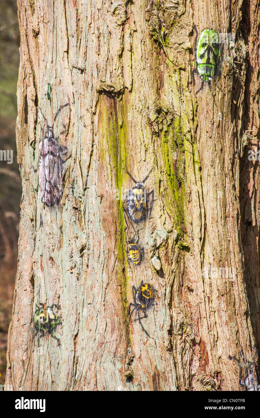 Rotting tree trunks with pictures of beetles and other insects painted