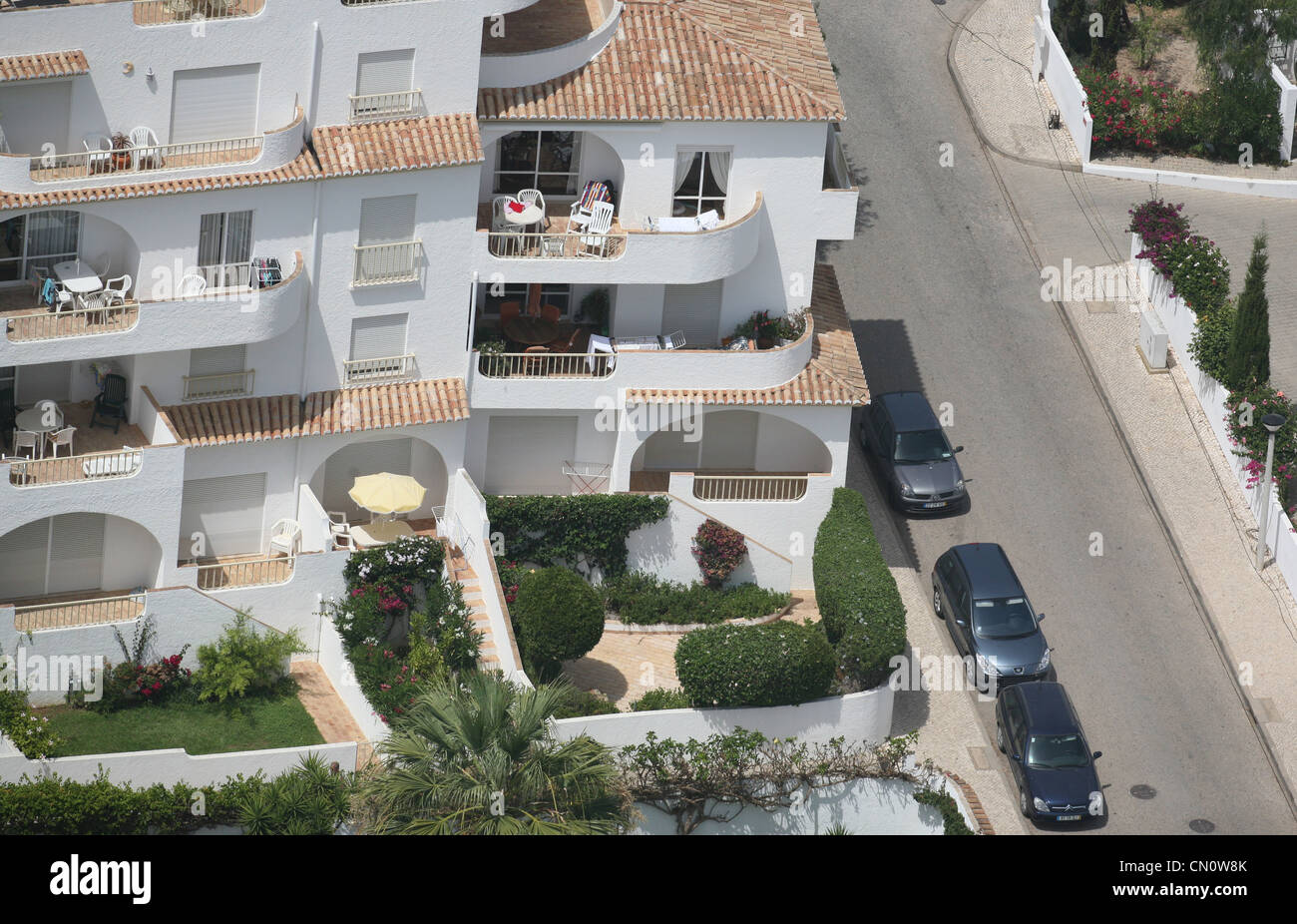 An aerial view of the ground floor Ocean Club apartment where Madeleine McCann disappeared from in 2007, Praia da Luz, Portugal Stock Photo