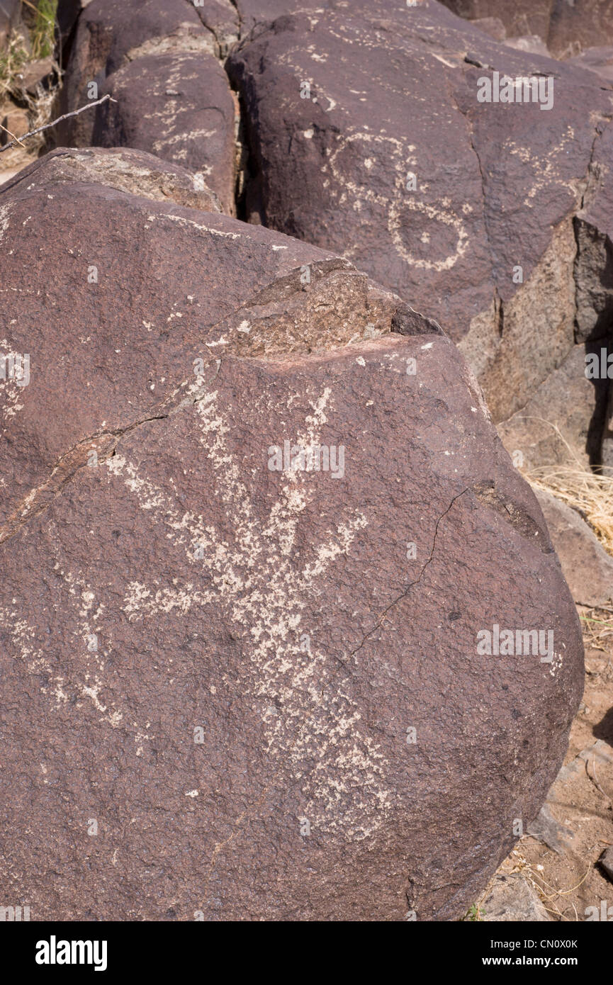 Petroglyphs produced by the Jornada Mogollon people, at the Three Rivers Petroglyph Site near Carrizozo, New Mexico. Stock Photo