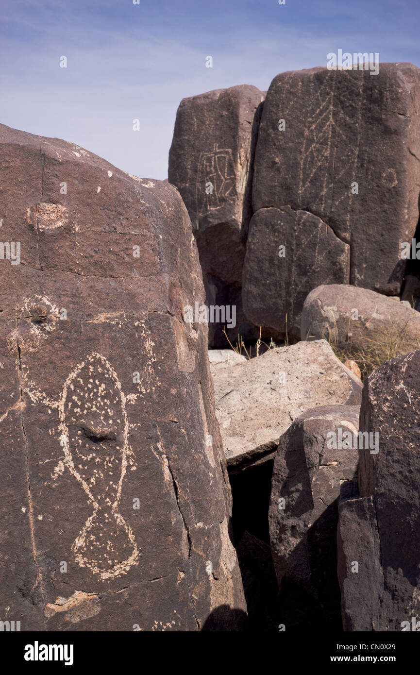 Petroglyphs produced by the Jornada Mogollon people, at the Three Rivers Petroglyph Site near Carrizozo, New Mexico. Stock Photo