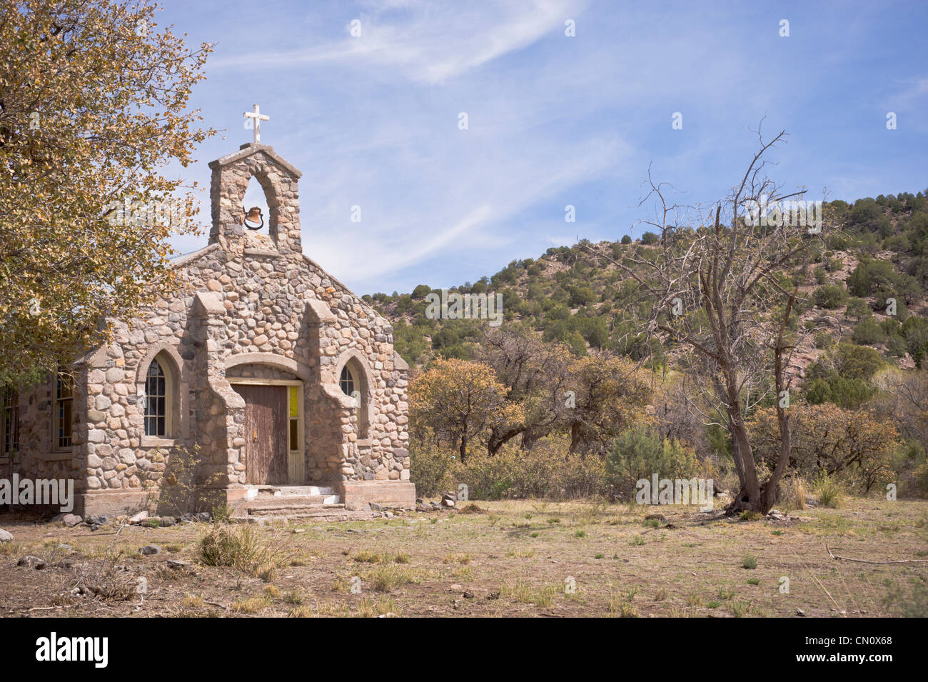 Old stone church, Church of Indian Creek, is still in use on the Mescalero Apache Indian