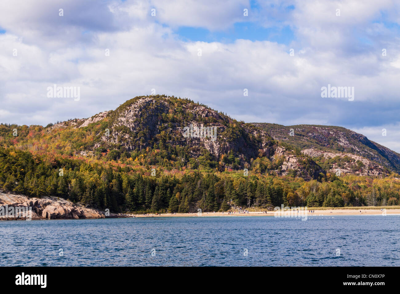Sand Beach in Acadia National Park in Maine is a surprise in an area where beaches are rare amid rough and rugged coastlines. Stock Photo
