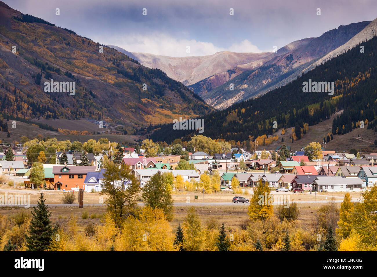 Colorful historic buildings in the old mining town of Silverton, Colorado, in autumn. Stock Photo