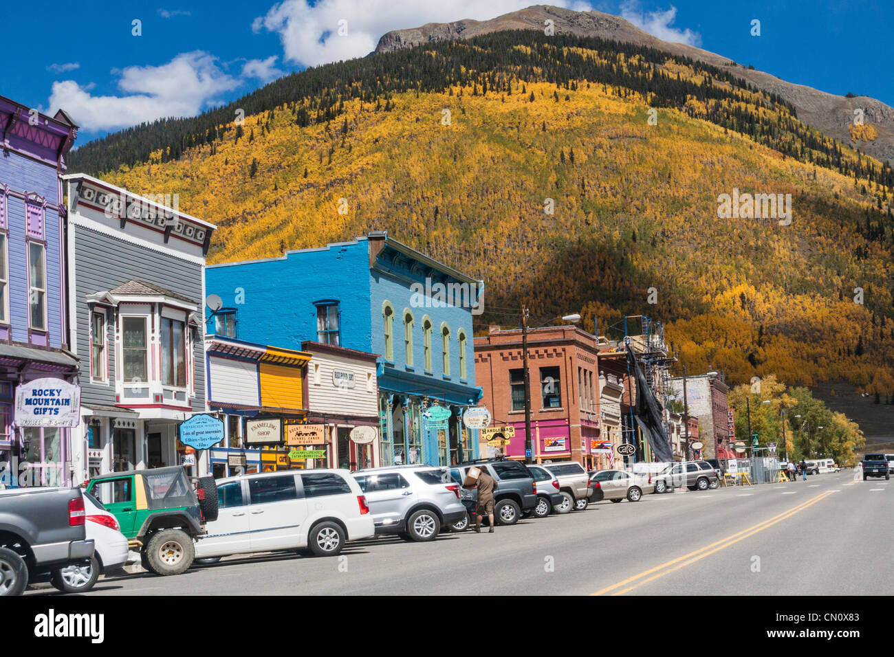 Colorful historic buildings in Silverton, Colorado in autumn. Stock Photo