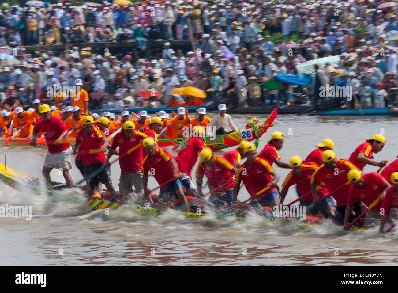 Ngo Boat Race celebrating Khmer people's new year festival, Ghe Ngo Festival, on Mekong River, Soc Trang, Vietnam Stock Photo