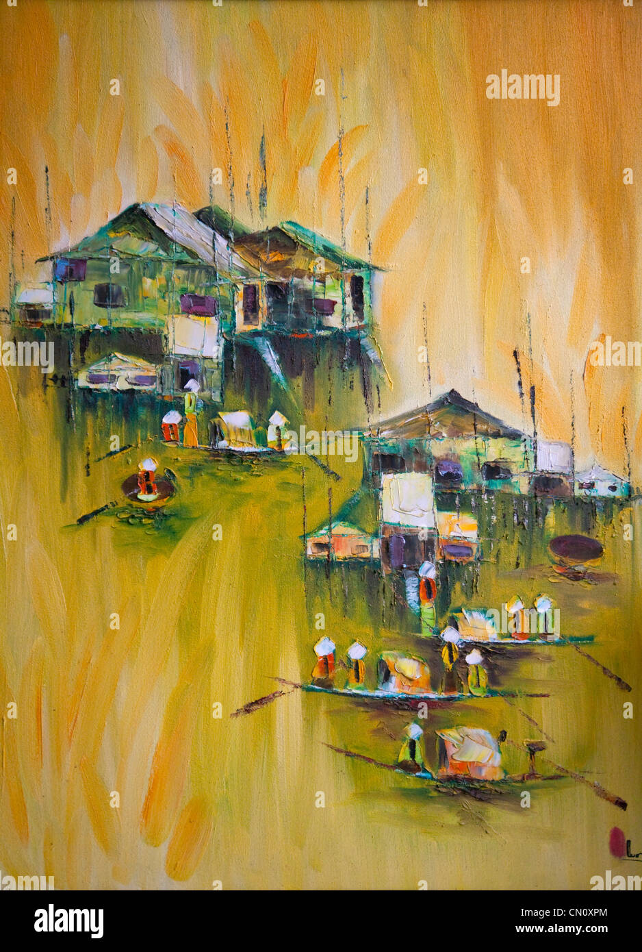 Painting of floating house and boats, Hoi An, Vietnam Stock Photo Alamy