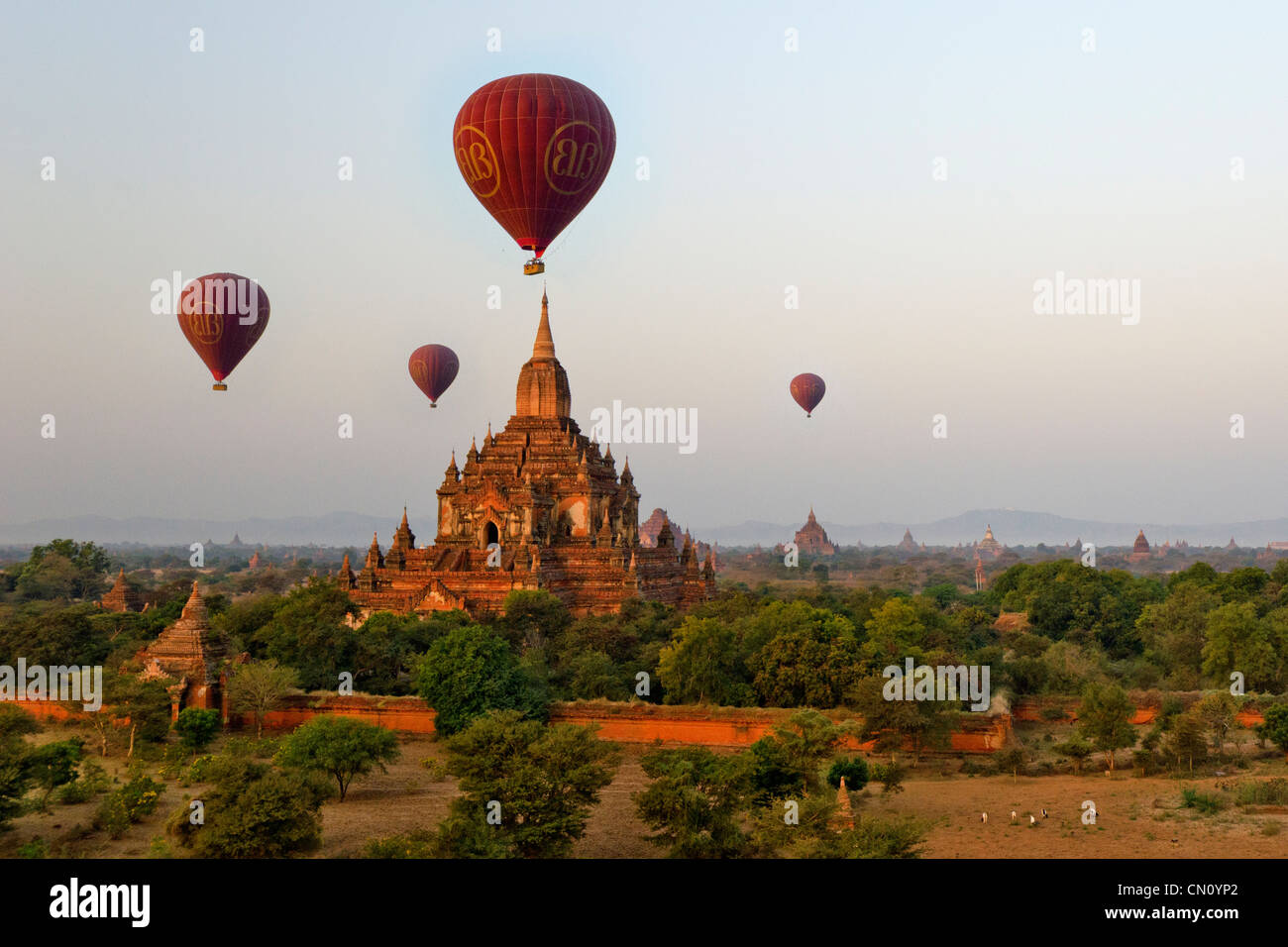 Hot-air Balloons over Sulamani Pahto, Bagan, Myanmar Stock Photo