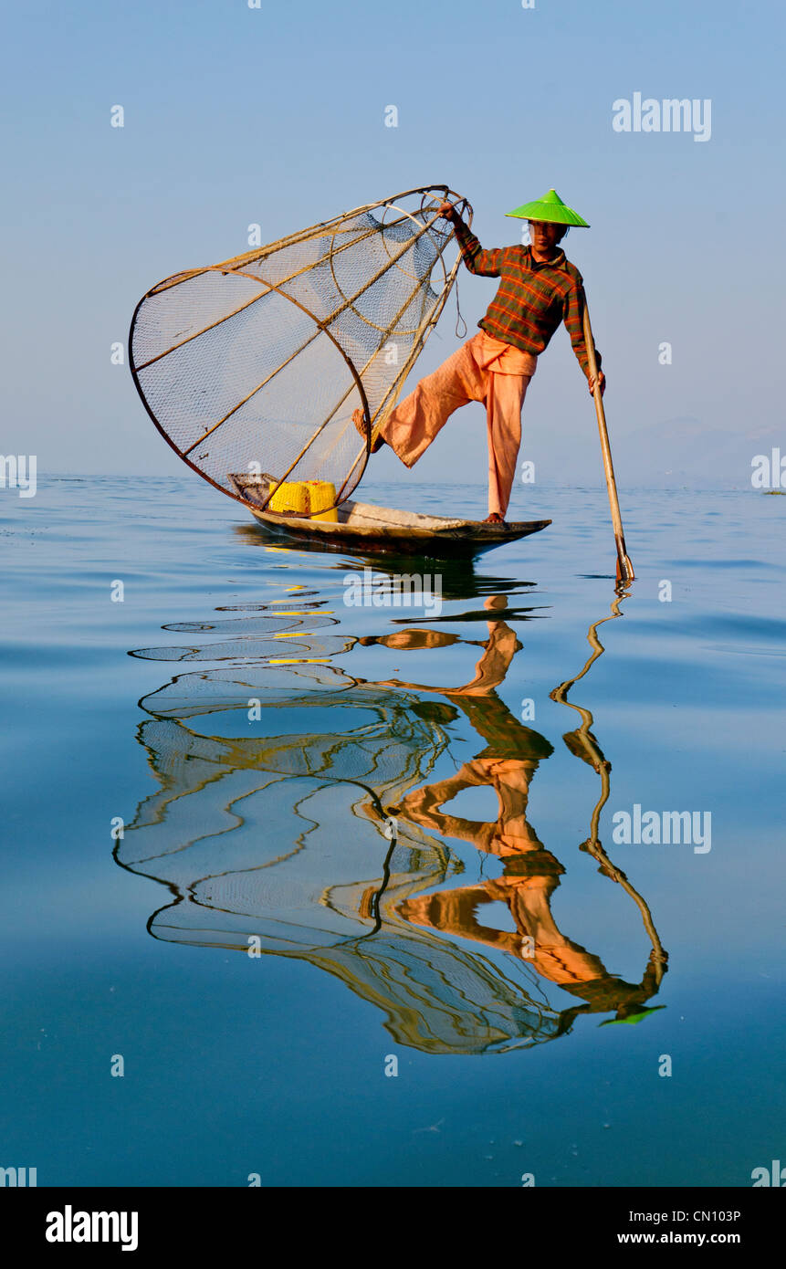 Traditional bamboo fisherman, Inle lake, Myanmar Stock Photo