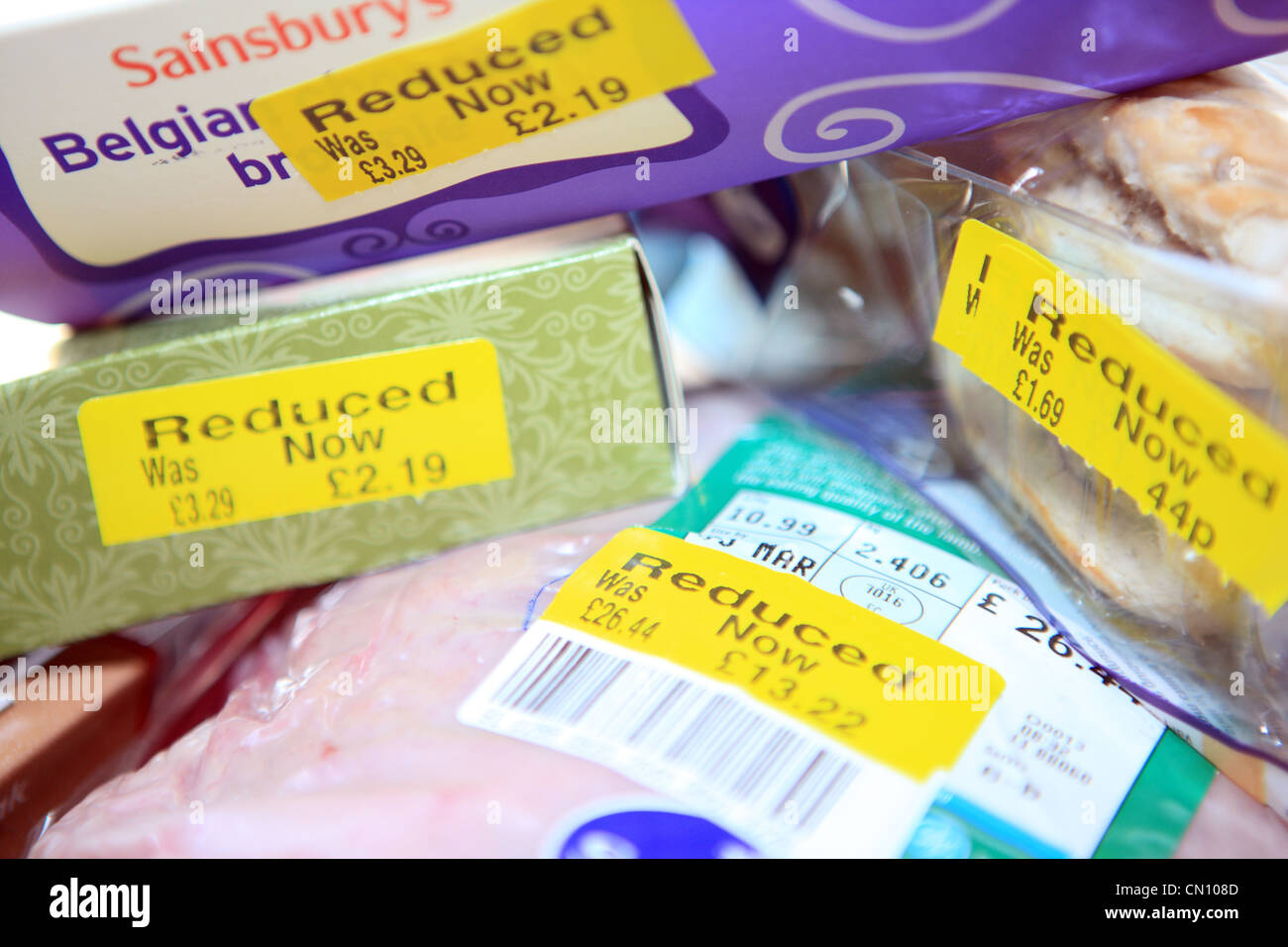 Reduced priced food items in supermarket Stock Photo