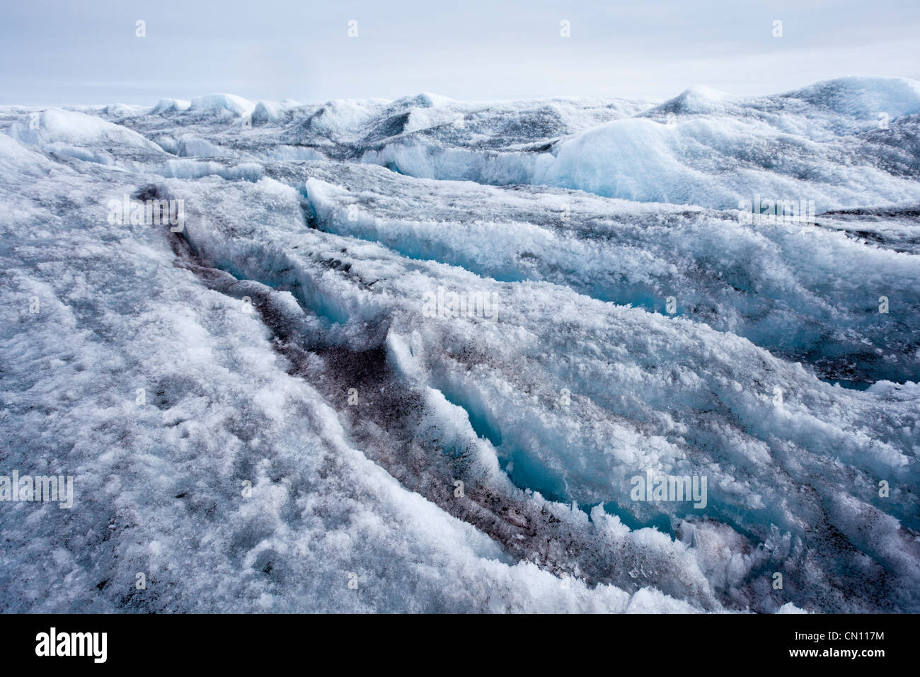 Arctic Tundra - Greenland ice cap crevassed glacier view Stock Photo