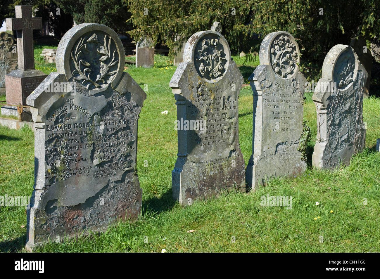 Family gravestones in graveyard of Clyro Church Powys Wales UK Stock Photo