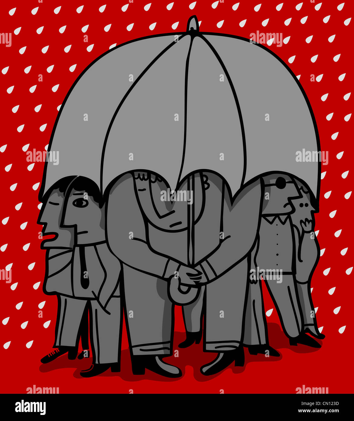 group of people under the same umbrella, protecting from rain Stock
