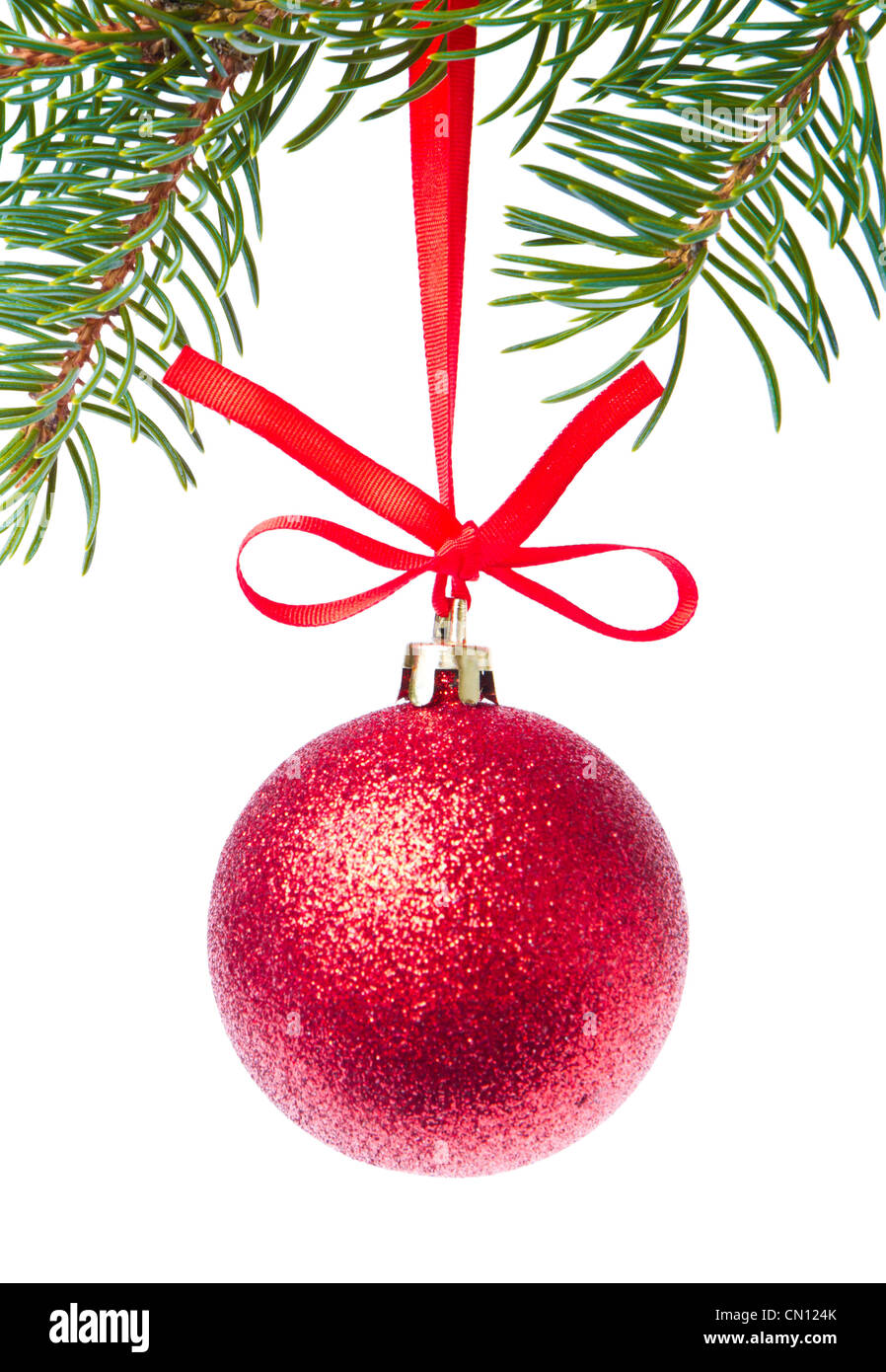 red christmas ball hanging from tree isolated on white background Stock ...
