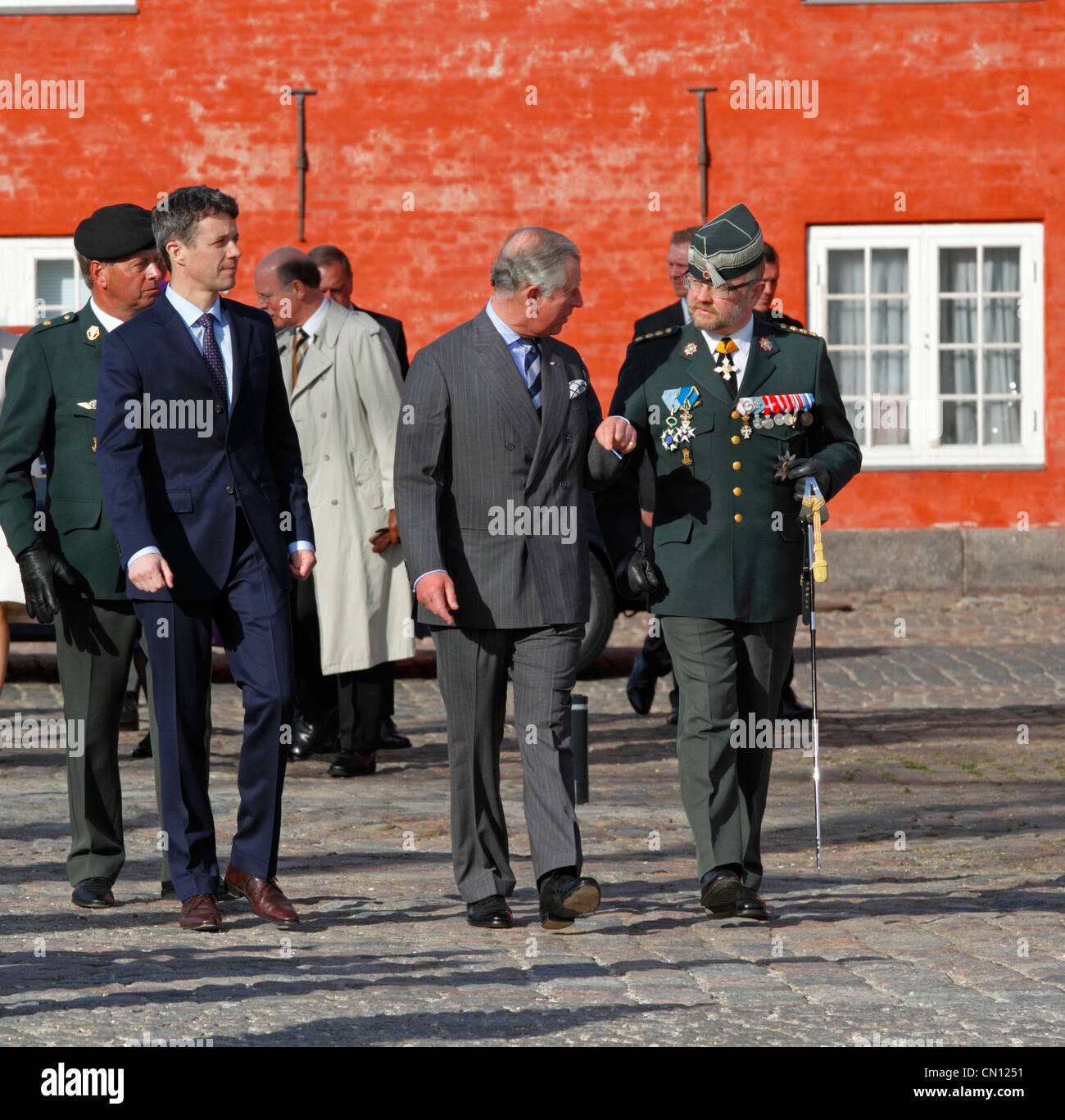Prince Charles and prince Frederik arriving at the citadel Kastellet in Copenhagen, Denmark, guided by Colonel Lasse Harkjær Stock Photo