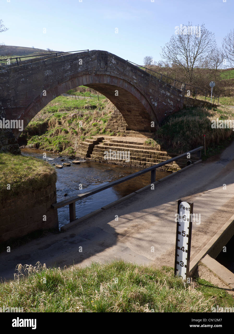 14th Century Duck Bridge near Danby Castle is named after George Duck a local stonemason who restored it in the early 18th C. Stock Photo