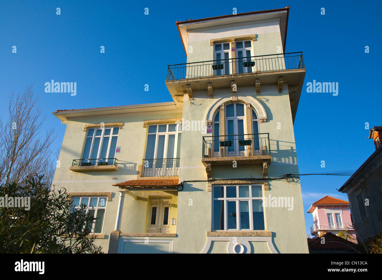 Residential house with a tower along Avenida Marginal street Estoril coastal resort near Lisbon Portugal Europe Stock Photo