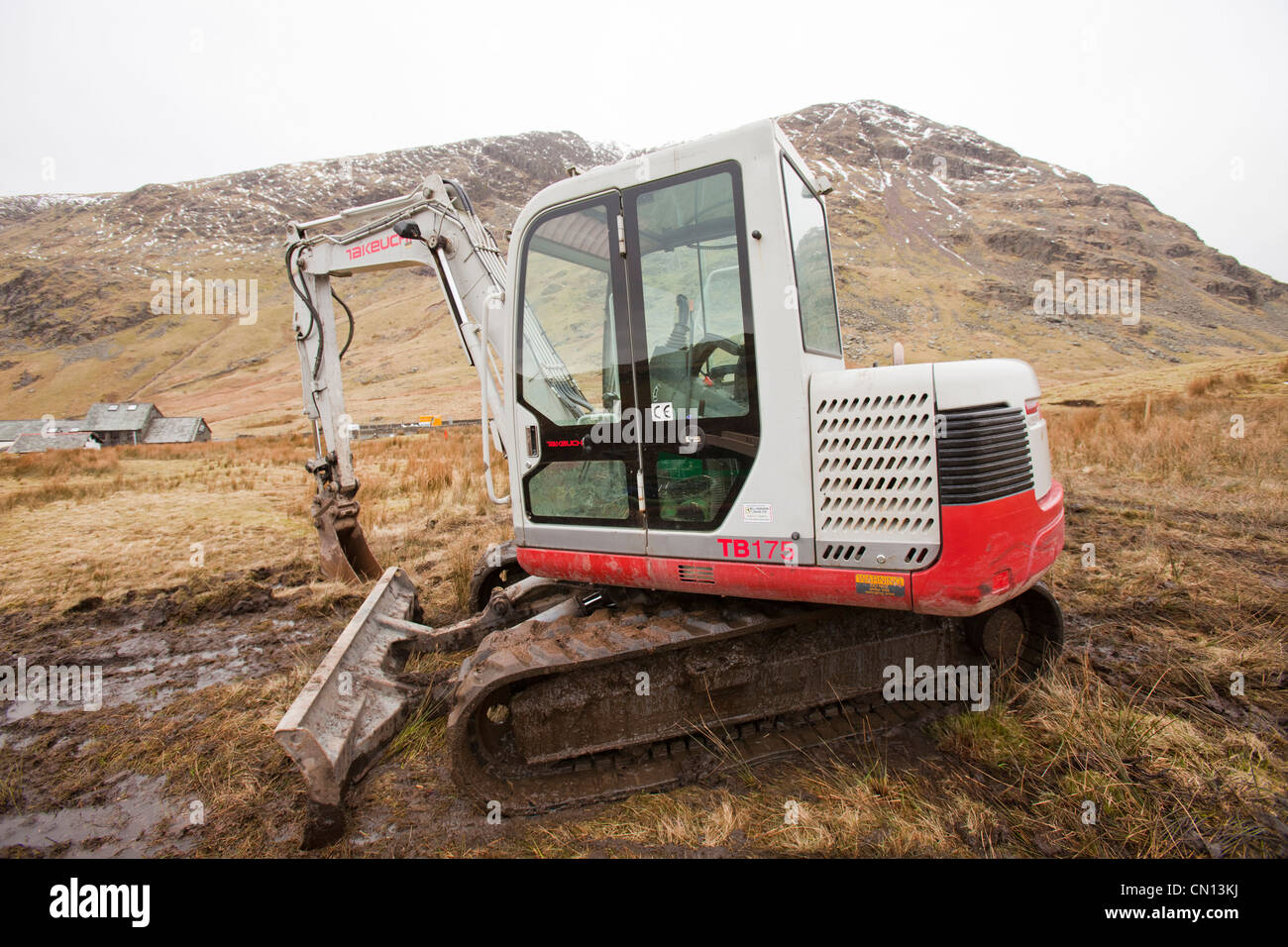 Work starts on the initial groundworks for 3 wind turbines to be constructed behind the kirkstone Pass Inn on kirkstone Pass Stock Photo