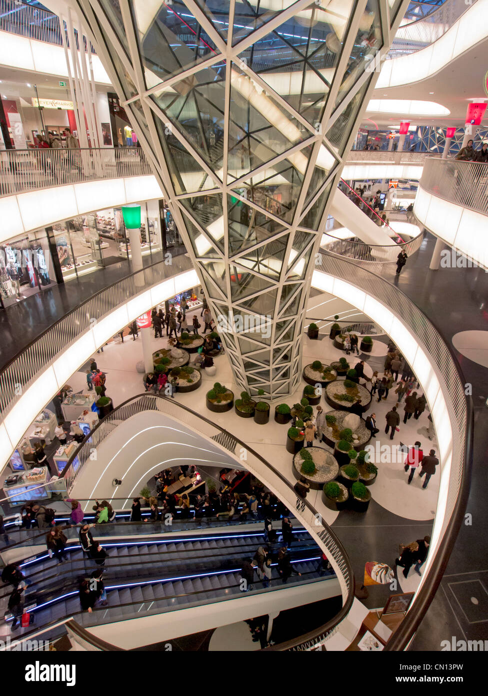 Interior of MyZeil modern shopping mall in Frankfurt Germany Stock Photo