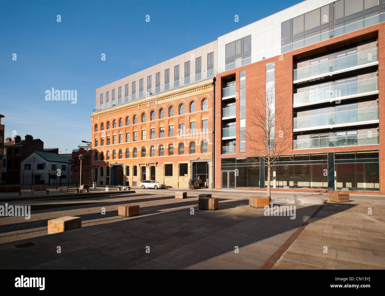 Cutting Room Square and the Ice Plant building, Ancoats, Manchester, England, UK Stock Photo