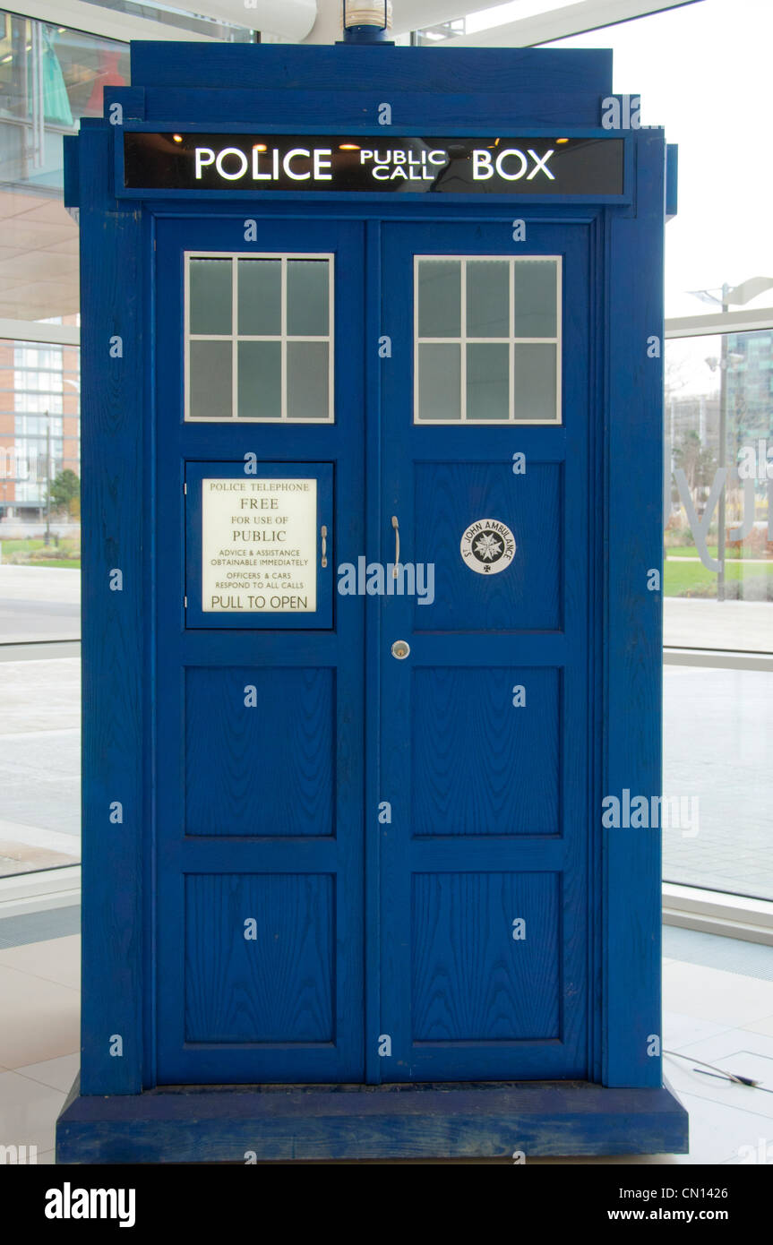 Doctor Who Tardis police box in the atrium of the Studios building, MediaCityUK, Salford Quays, Manchester, England, UK Stock Photo