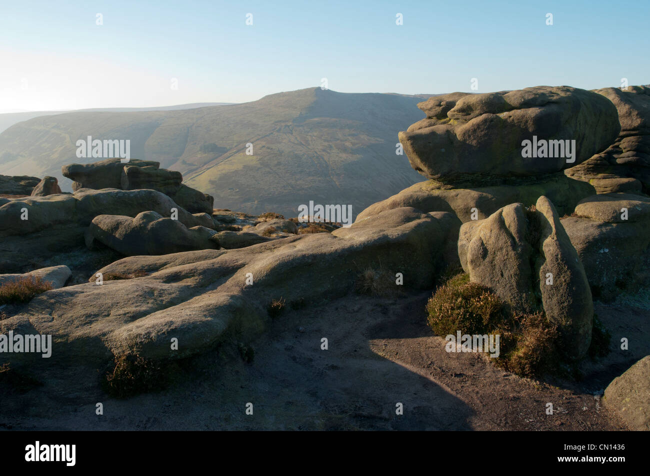 Grindsbrook Knoll on the Kinder Scout plateau, from Ringing Roger rocks.  Edale, Peak District, Derbyshire, England, UK. Stock Photo