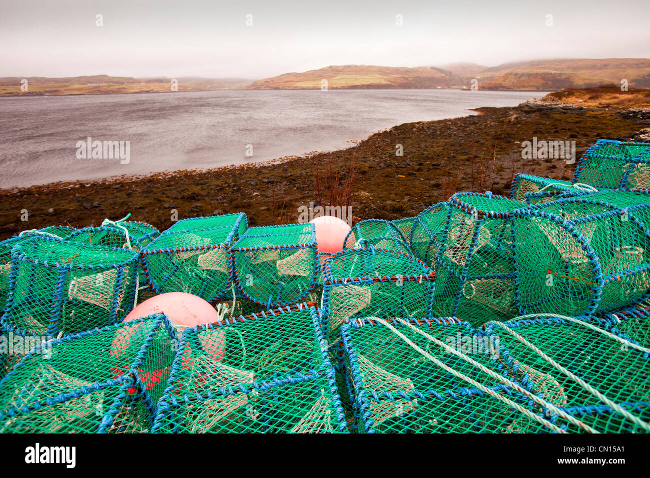 Lobster pots or creels on the harbour at Portnalong, Isle of skye, Scotland, UK. Stock Photo