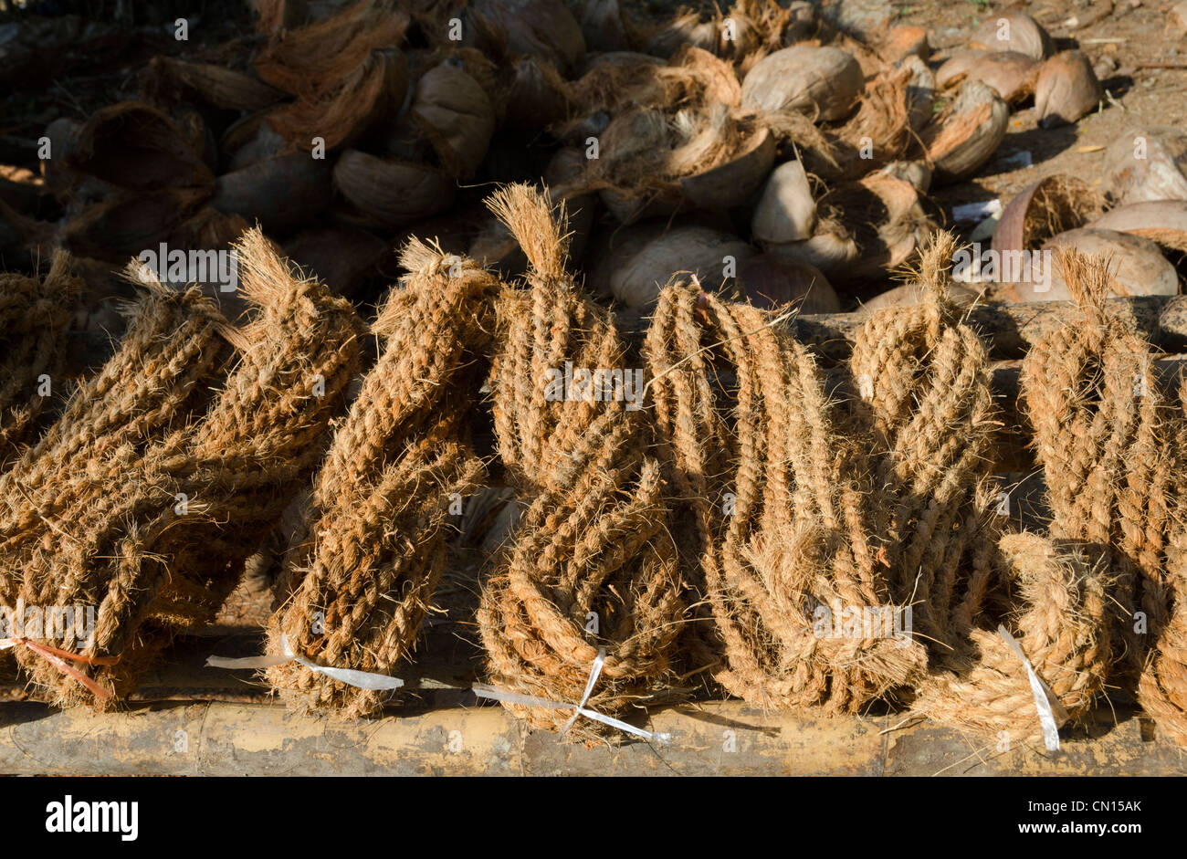Coconut rope. Ye Saing Kone village near Labutta. Irrawaddy delta. Myanmar. Stock Photo