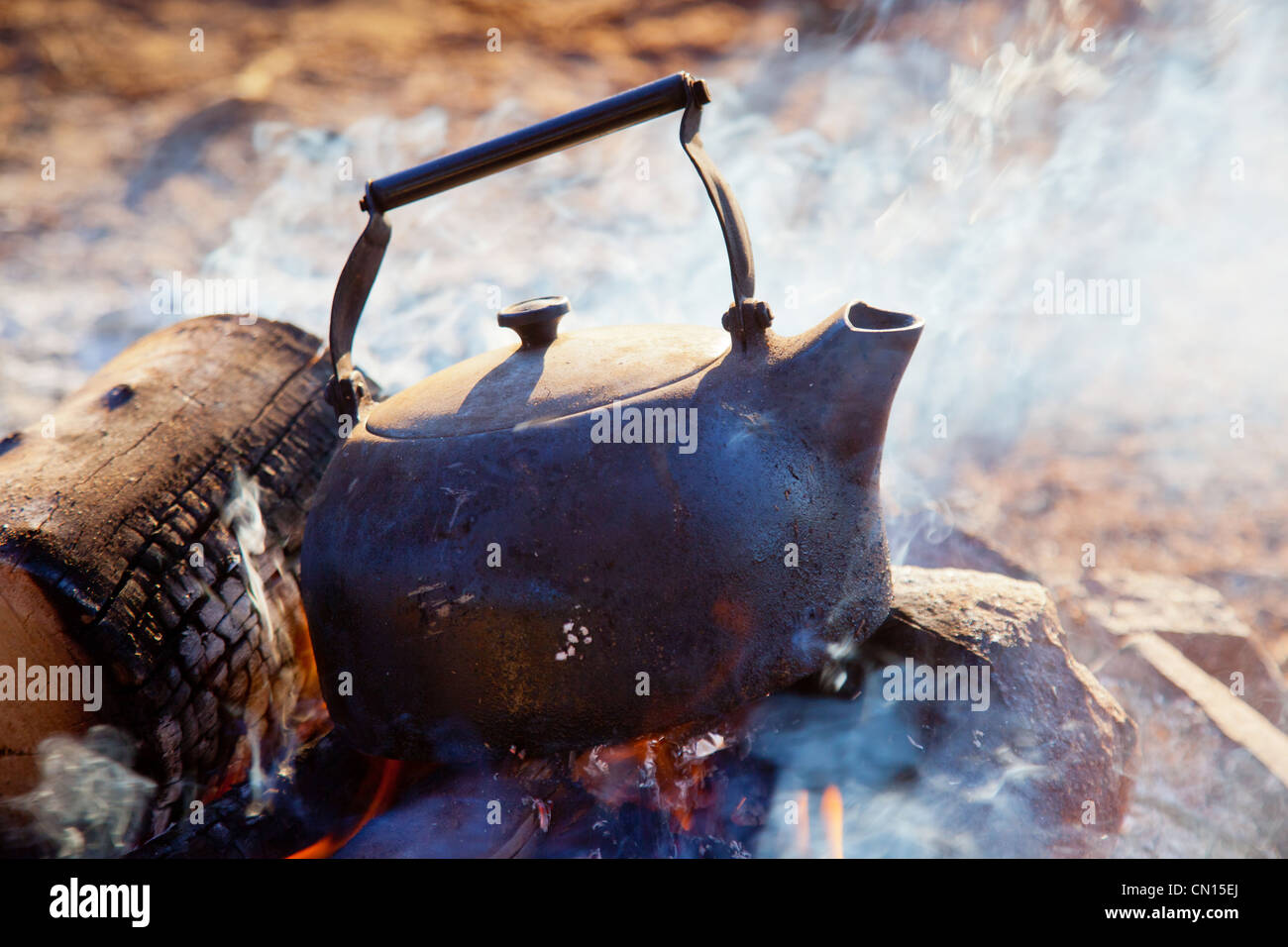 Kettle on an open fire. Gawler Ranges South Australia Stock Photo