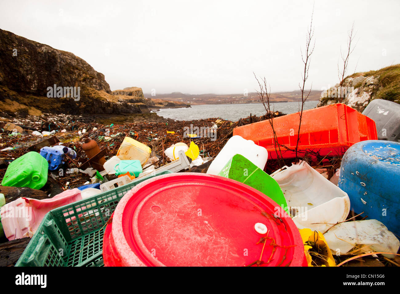 Plastic debris washed ashore at Ardtreck Bay on the Isle of Skye, Scotland, UK. Stock Photo