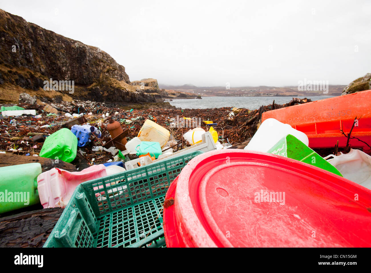 Plastic debris washed ashore at Ardtreck Bay on the Isle of Skye, Scotland, UK. Stock Photo