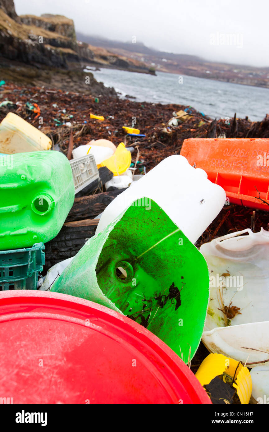 Plastic debris washed ashore at Ardtreck Bay on the Isle of Skye, Scotland, UK. Stock Photo