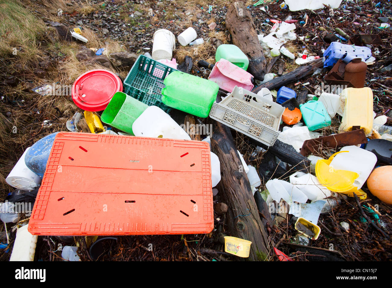 Plastic debris washed ashore at Ardtreck Bay on the Isle of Skye, Scotland, UK. Stock Photo