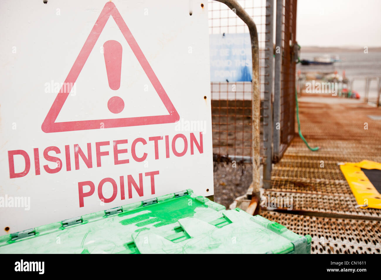 A disinfection point at the jetty used by the Portnalong Salmon Farm, Isle of Skye, Scotland, UK. Stock Photo