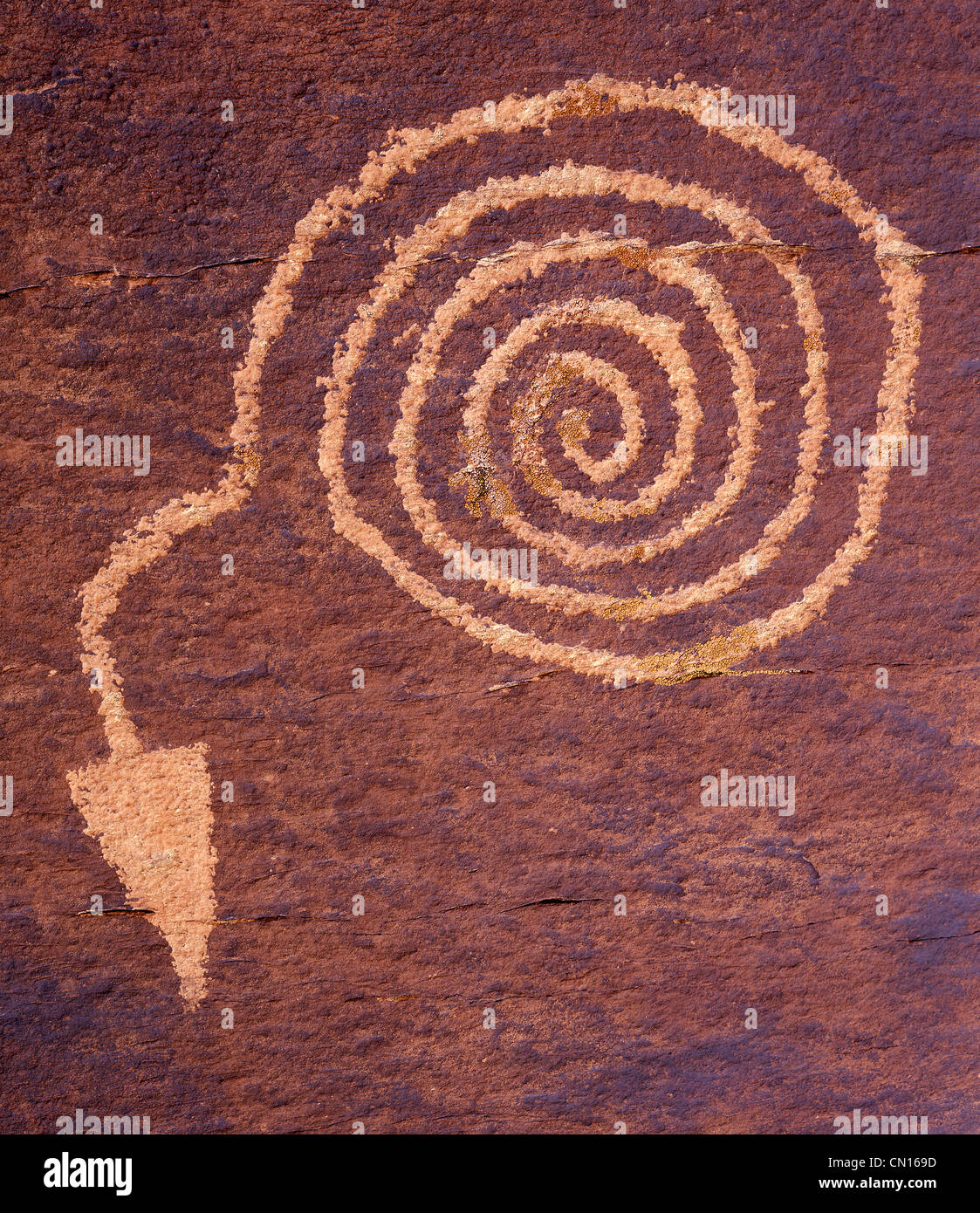 A ancient spiral petroglyph dated from about 1000-1350 A..D. is found in the Petrified Forest National Park, Arizona Stock Photo