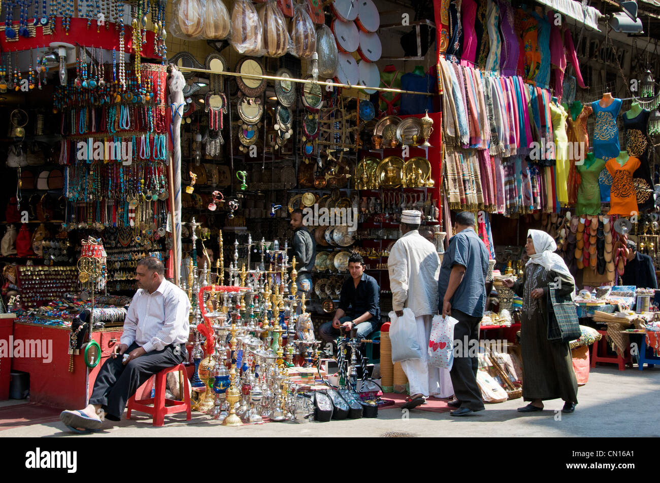 Clients and stalls in Khan El Khalili market Cairo Egypt Stock Photo