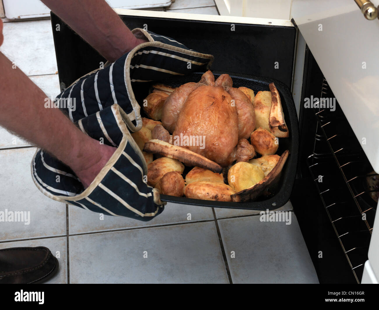 Roasted Chicken And Vegetables In A Roasting Tin Being Taken Out Of