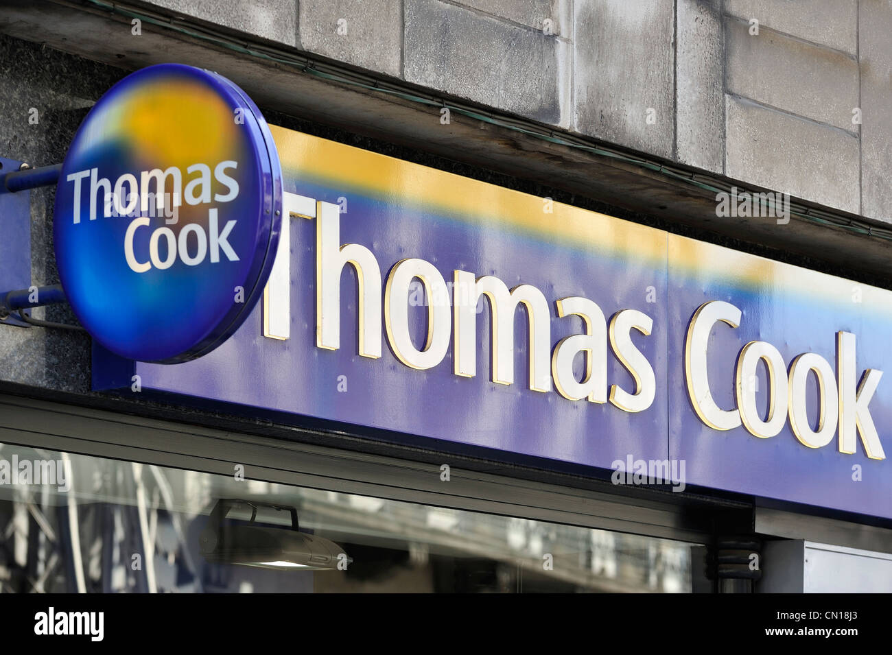 Signboard with logo of Thomas Cook travel agency, Flanders, Belgium Stock Photo