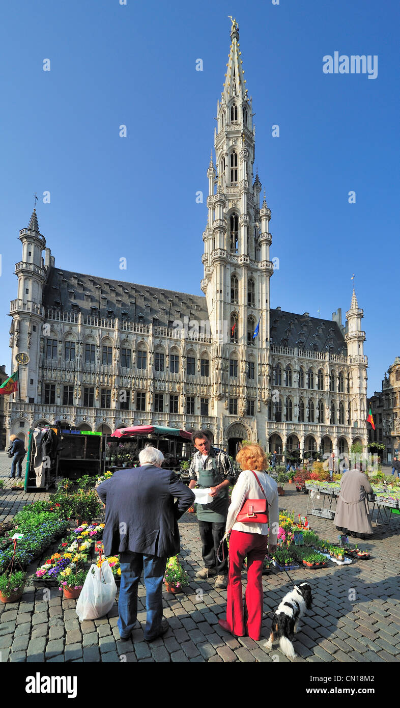 Flower stall in front of the Brussels Town Hall at the Grand Place / Grote Markt, Belgium Stock Photo